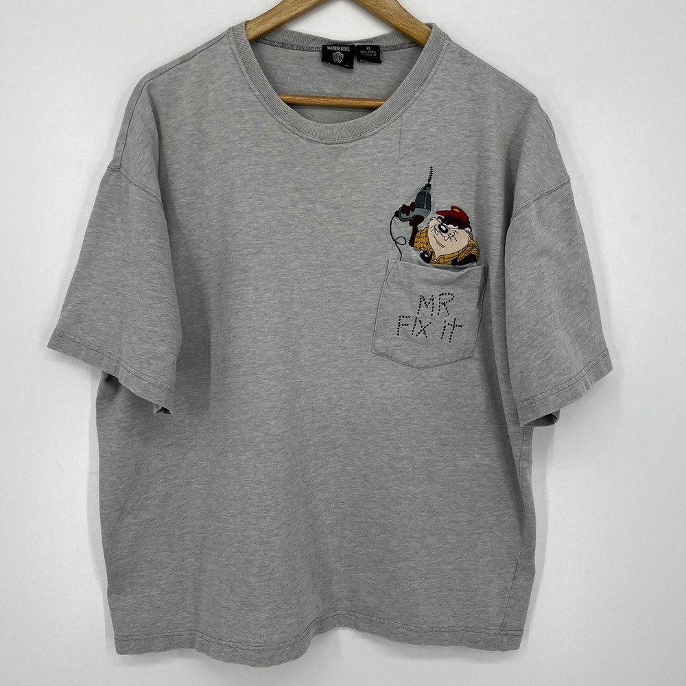Warner Bros Studio Store Taz Mr Fix It Pocket T-Shirt Mens XL Grey Looney Tunes